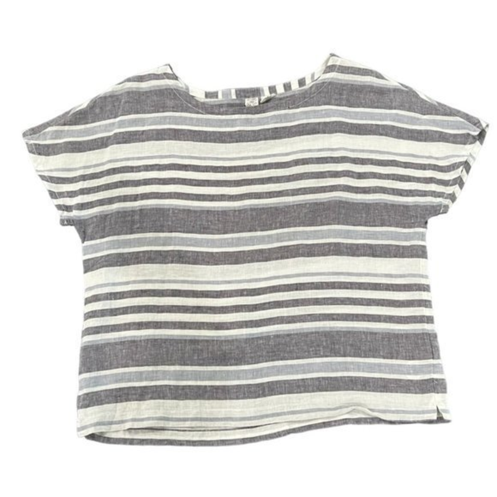 Artisan NY Linen Shirt Womens Sz L Top‎ Tunic Capped Sleeves Striped Blue White